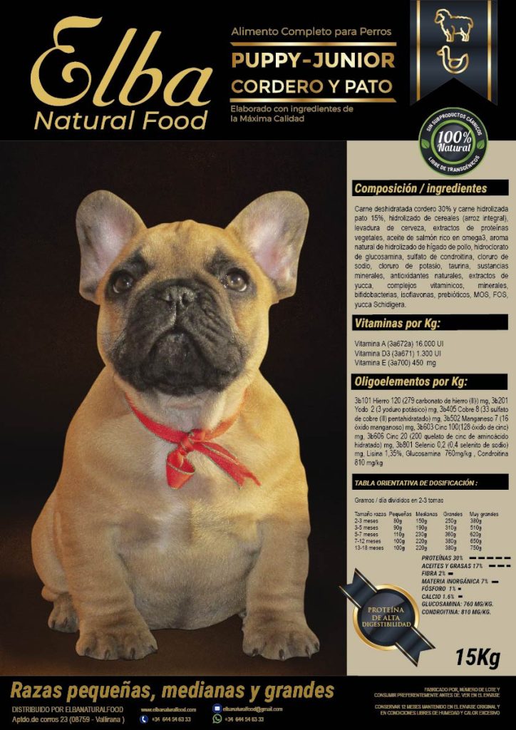 Etiqueta del saco Puppy Junior de Elba Natural Food